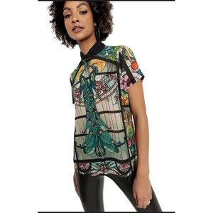 Blackmilk Glass Garden - Cute As A Button Sheer Button Down Shirt Peacock Sz 12